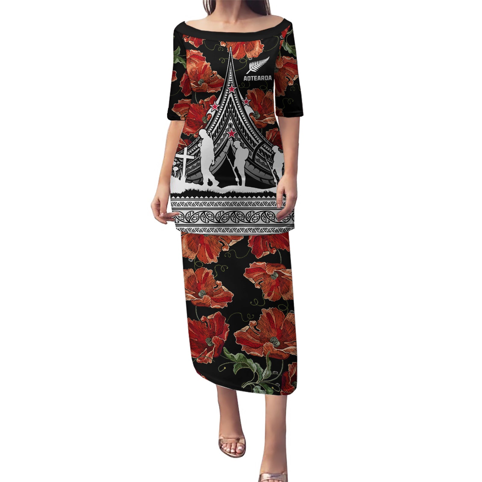 New Zealand ANZAC Day Puletasi Poppy With Polynesian Pattern LT01 Long Dress Black - Polynesian Pride