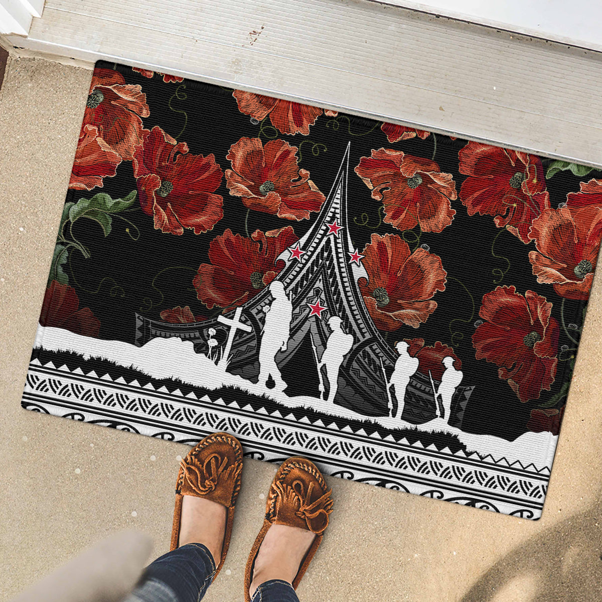 New Zealand ANZAC Day Rubber Doormat Poppy With Polynesian Pattern LT01 - Polynesian Pride