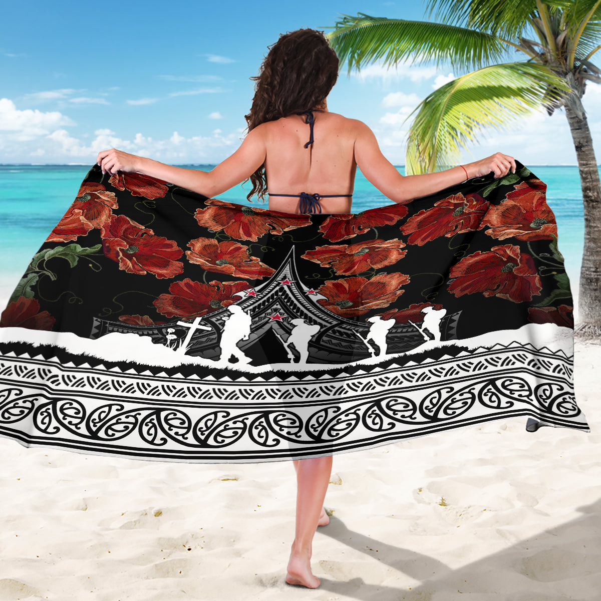 New Zealand ANZAC Day Sarong Poppy With Polynesian Pattern LT01 - Polynesian Pride