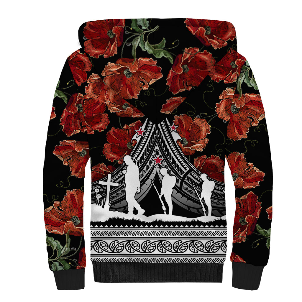 New Zealand ANZAC Day Sherpa Hoodie Poppy With Polynesian Pattern LT01 - Polynesian Pride