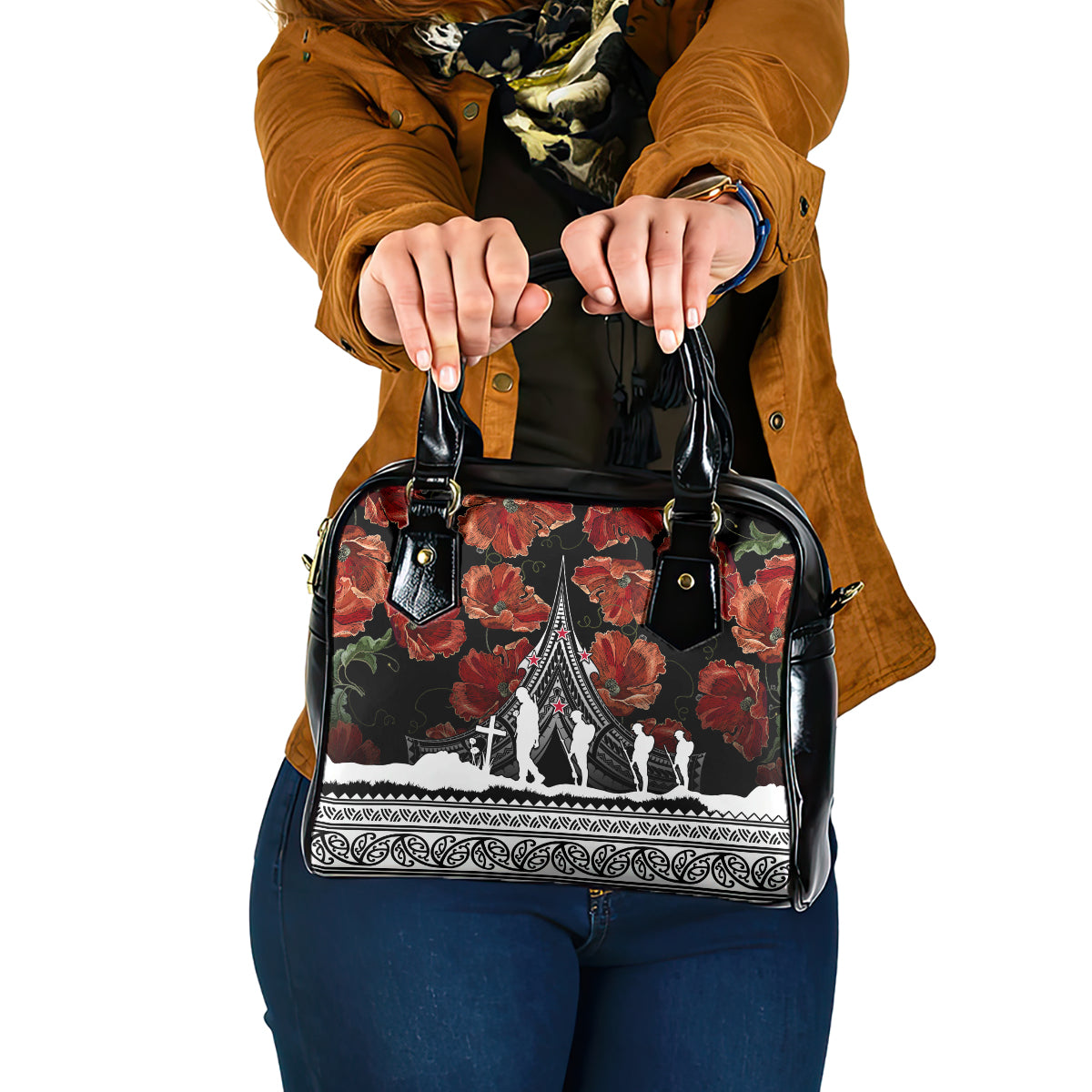 New Zealand ANZAC Day Shoulder Handbag Poppy With Polynesian Pattern LT01 One Size Black - Polynesian Pride