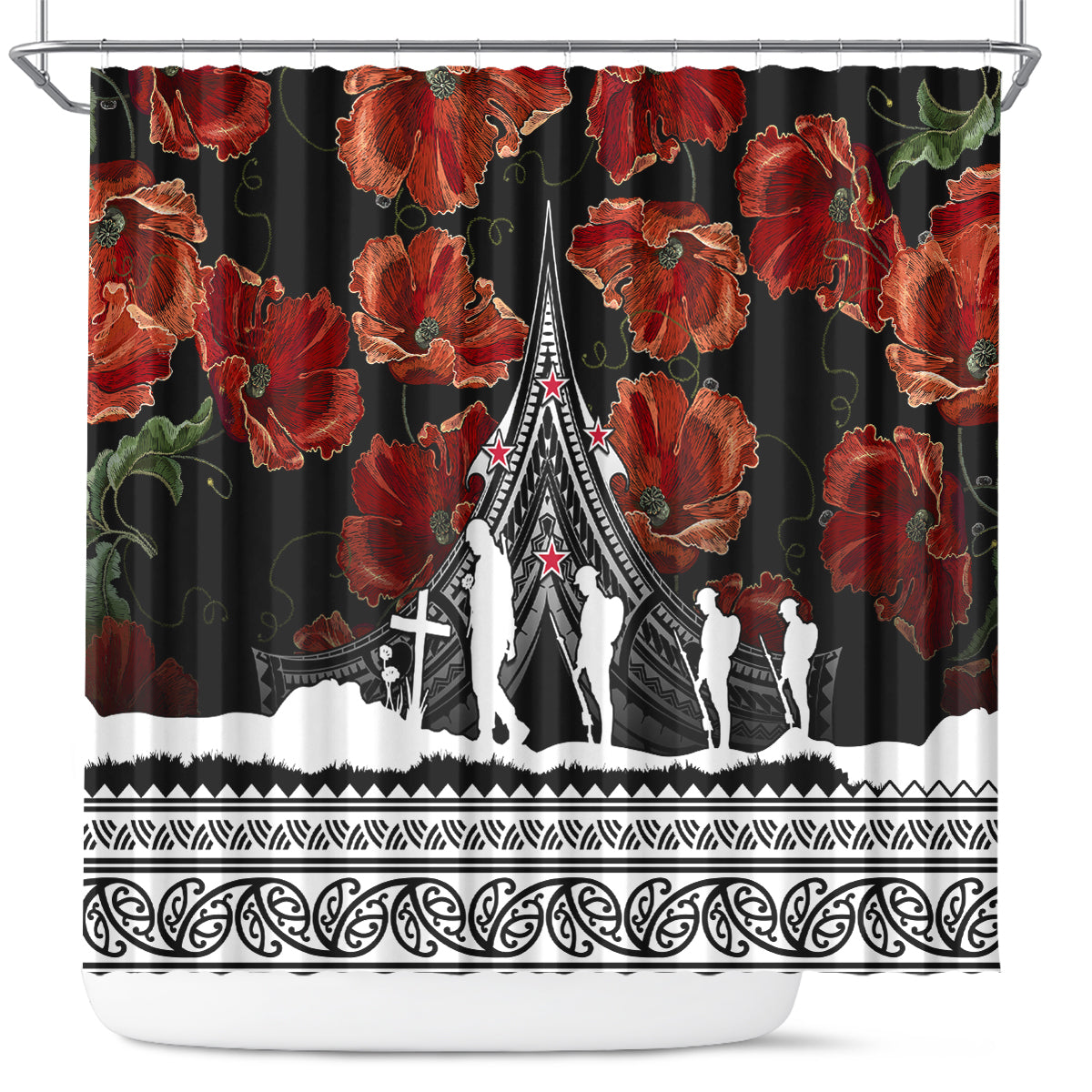 New Zealand ANZAC Day Shower Curtain Poppy With Polynesian Pattern LT01 Black - Polynesian Pride