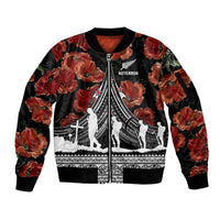 New Zealand ANZAC Day Sleeve Zip Bomber Jacket Poppy With Polynesian Pattern LT01 Unisex Black - Polynesian Pride