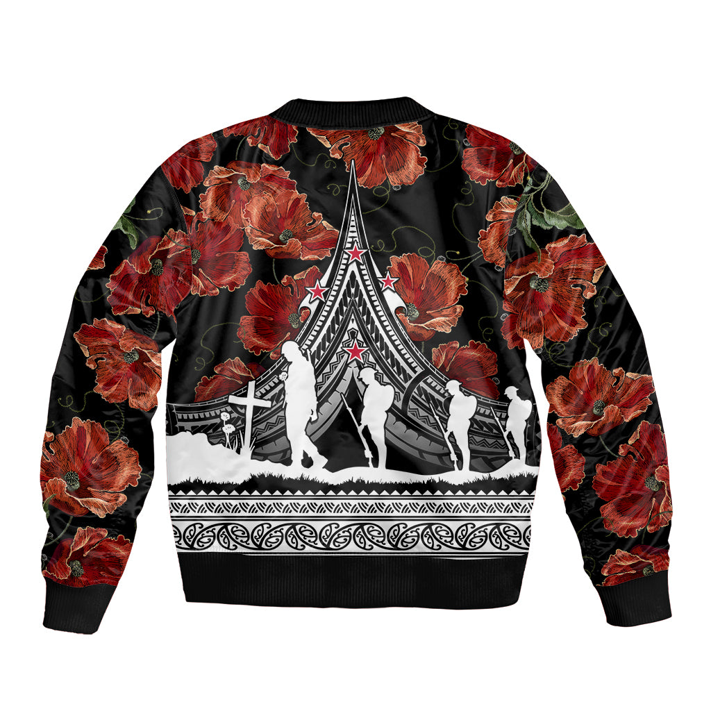 New Zealand ANZAC Day Sleeve Zip Bomber Jacket Poppy With Polynesian Pattern LT01 - Polynesian Pride