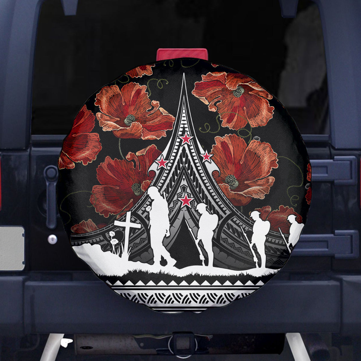 New Zealand ANZAC Day Spare Tire Cover Poppy With Polynesian Pattern LT01 Black - Polynesian Pride