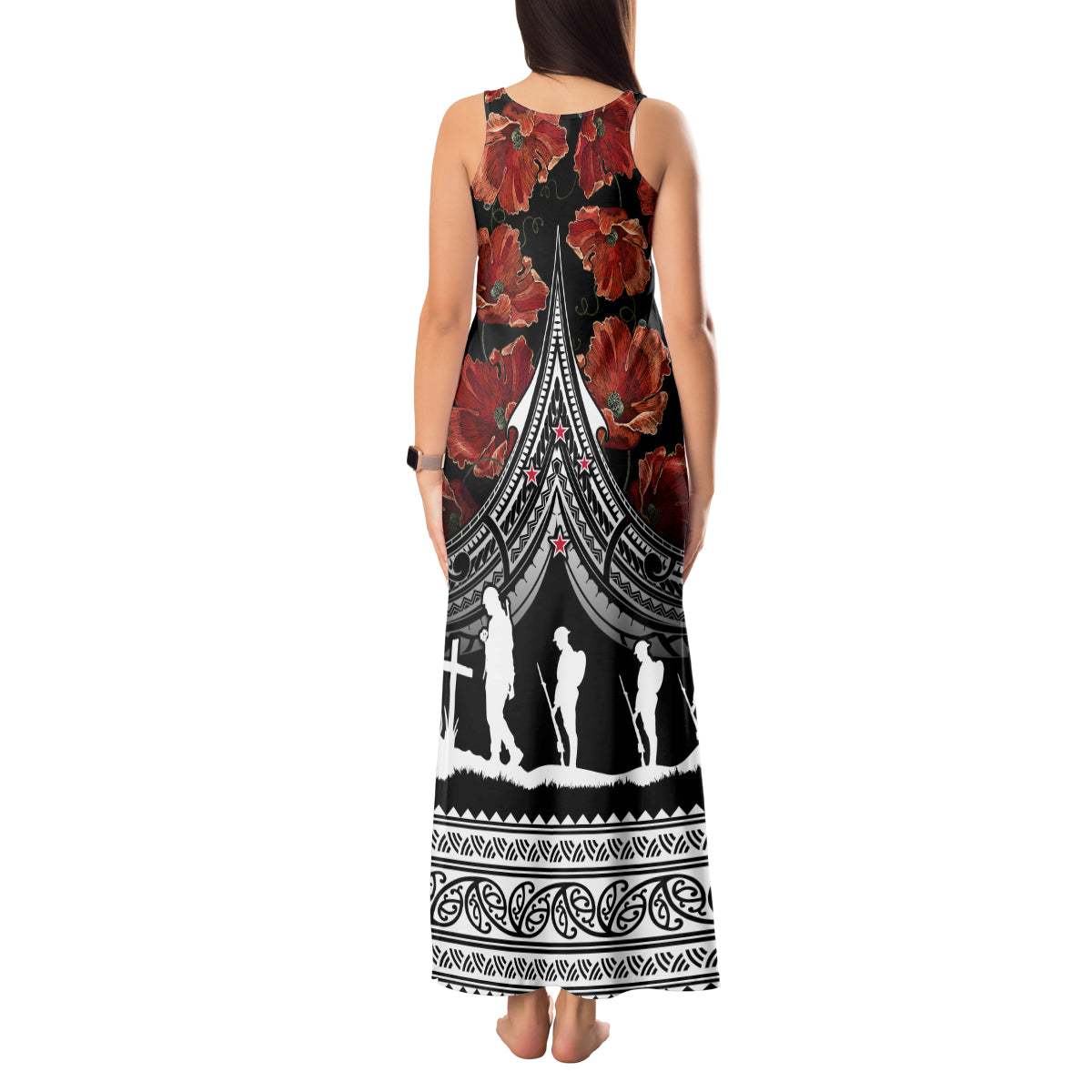 New Zealand ANZAC Day Tank Maxi Dress Poppy With Polynesian Pattern LT01 - Polynesian Pride