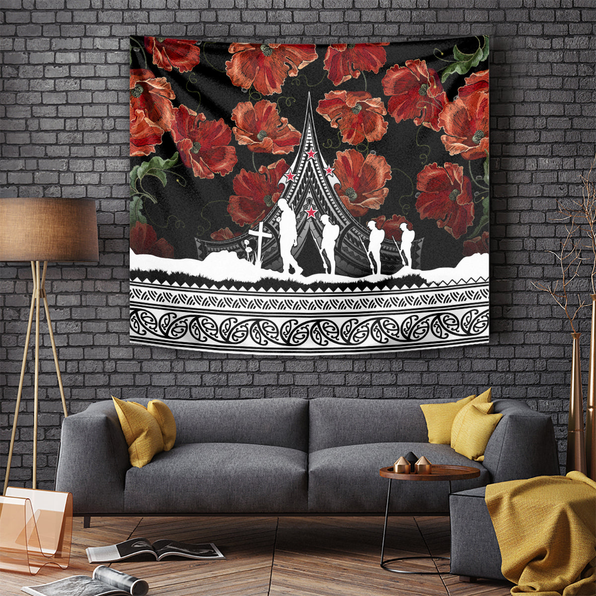 New Zealand ANZAC Day Tapestry Poppy With Polynesian Pattern LT01 Black - Polynesian Pride