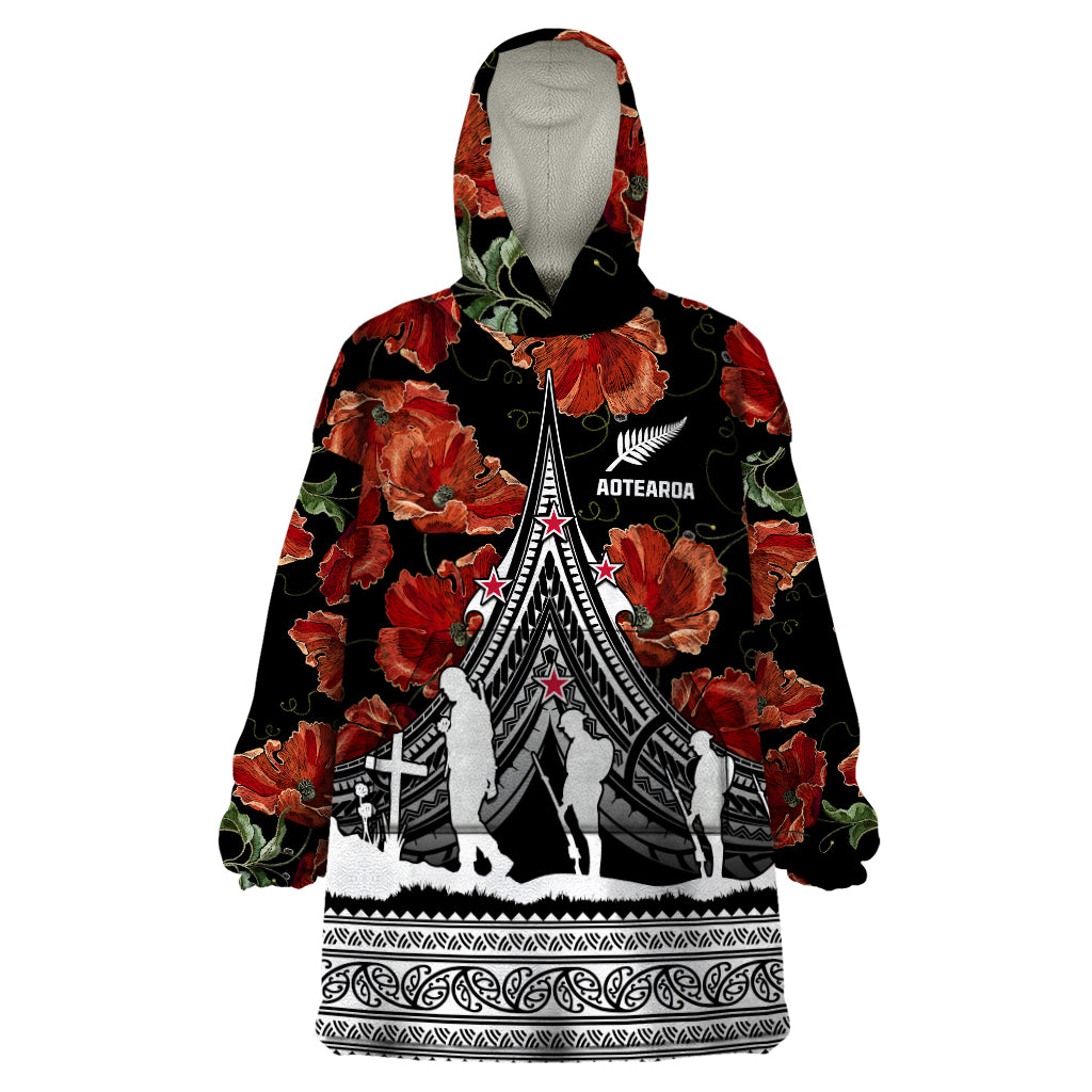 New Zealand ANZAC Day Wearable Blanket Hoodie Poppy With Polynesian Pattern LT01 One Size Black - Polynesian Pride