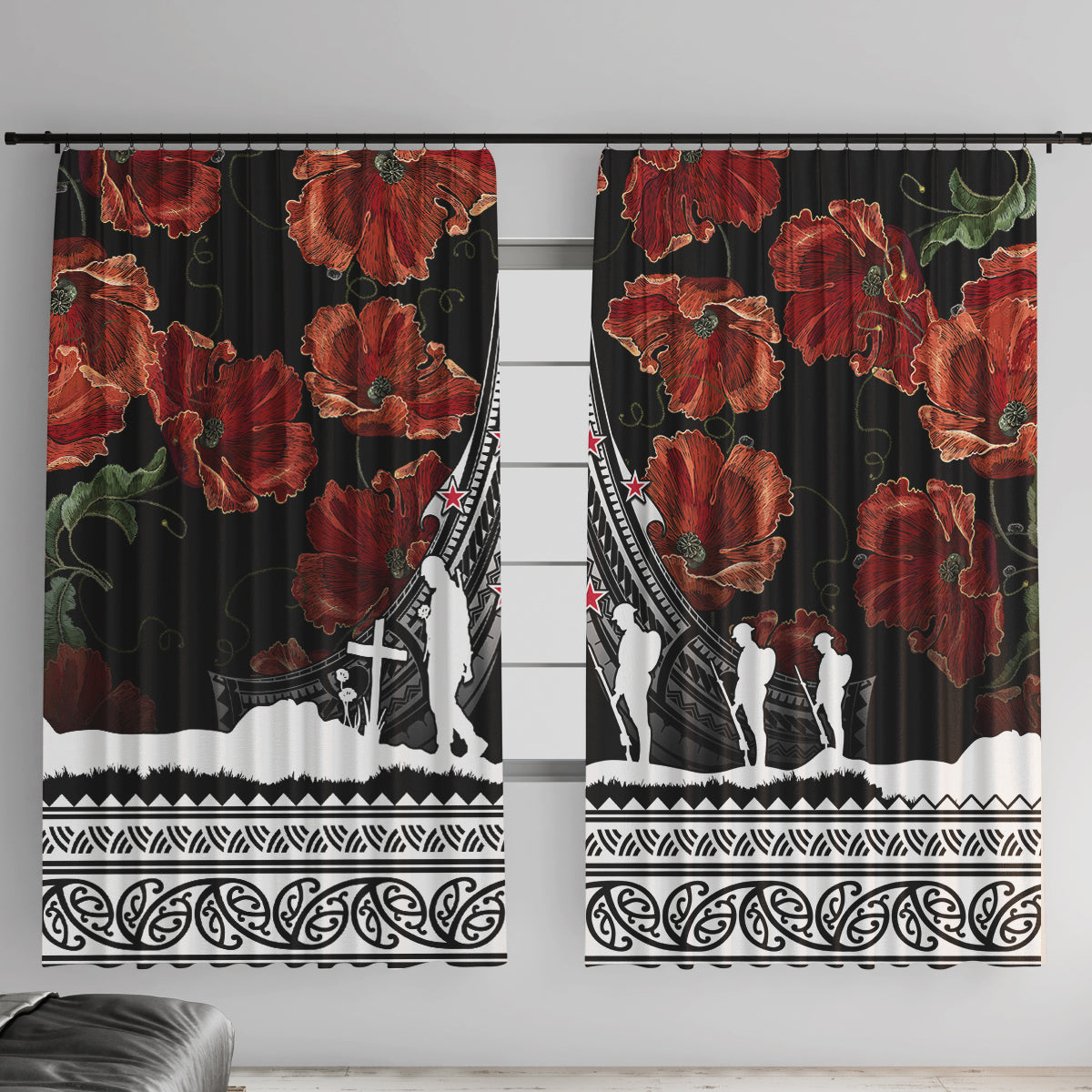 New Zealand ANZAC Day Window Curtain Poppy With Polynesian Pattern LT01 With Hooks Black - Polynesian Pride