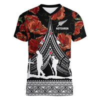 New Zealand ANZAC Day Women V Neck T Shirt Poppy With Polynesian Pattern LT01 Female Black - Polynesian Pride