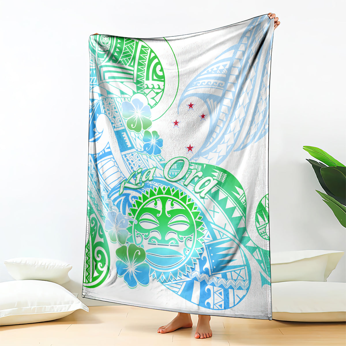 Kia Ora Maori New Zealand Pastel Blanket Sun Ta Moko Aqua Green Version LT01 Aqua - Polynesian Pride