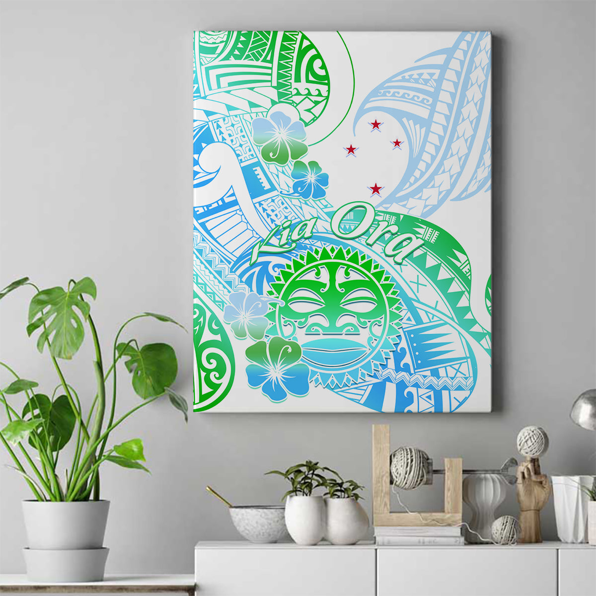 Kia Ora Maori New Zealand Pastel Canvas Wall Art Sun Ta Moko Aqua Green Version LT01 Aqua - Polynesian Pride