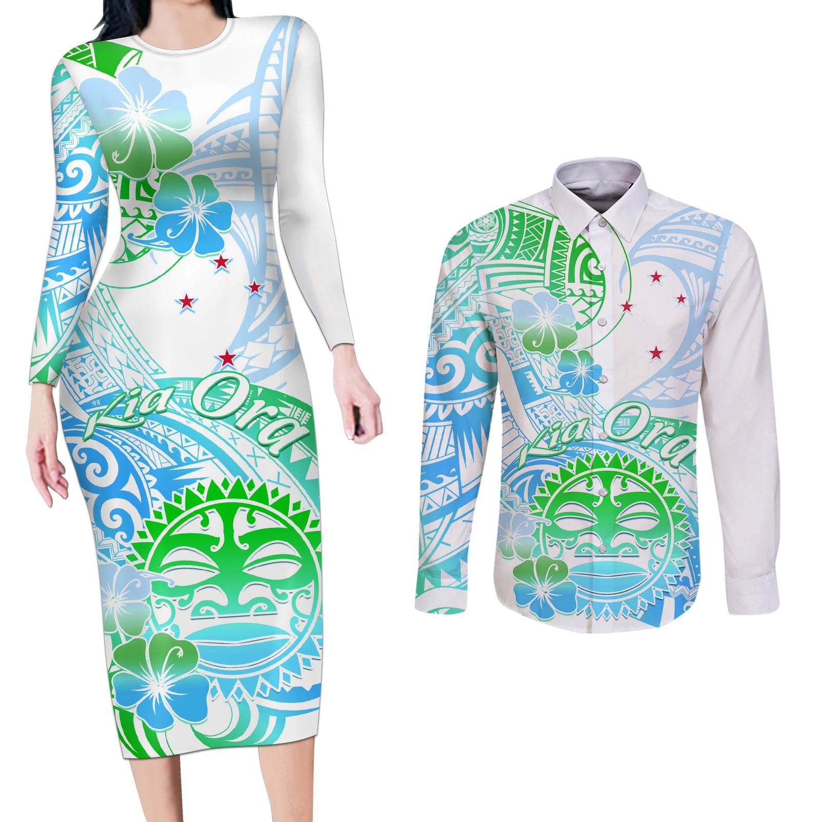 Kia Ora Maori New Zealand Pastel Couples Matching Long Sleeve Bodycon Dress and Long Sleeve Button Shirt Sun Ta Moko Aqua Green Version LT01 Aqua - Polynesian Pride