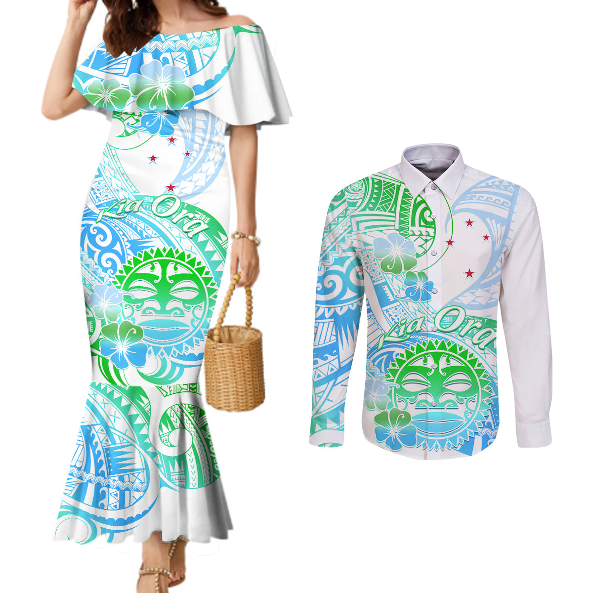 Kia Ora Maori New Zealand Pastel Couples Matching Mermaid Dress and Long Sleeve Button Shirt Sun Ta Moko Aqua Green Version LT01 Aqua - Polynesian Pride