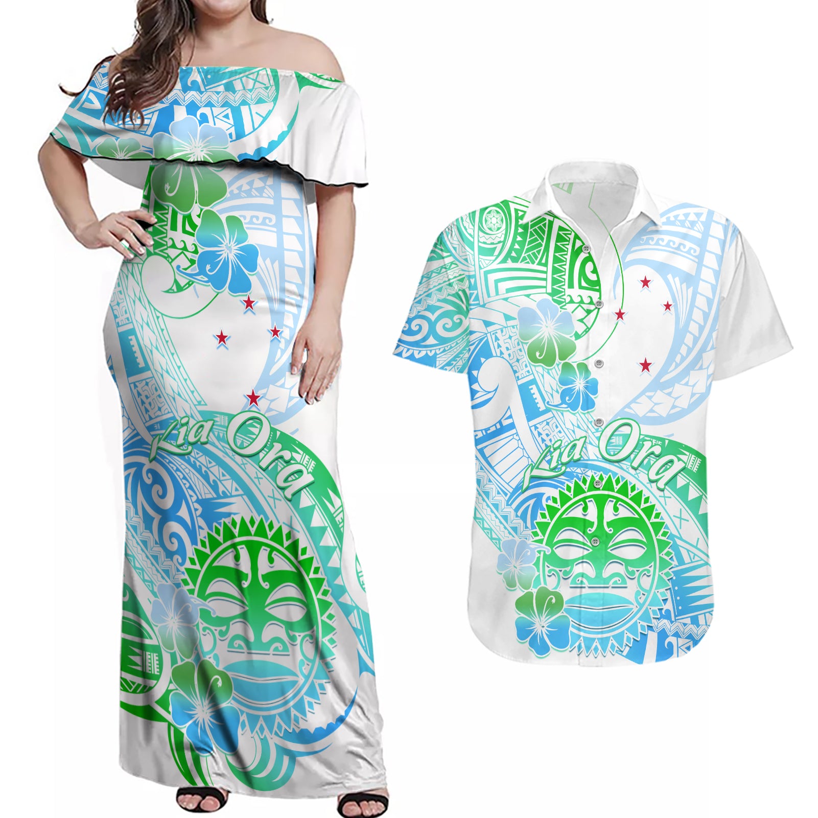 Kia Ora Maori New Zealand Pastel Couples Matching Off Shoulder Maxi Dress and Hawaiian Shirt Sun Ta Moko Aqua Green Version LT01 Aqua - Polynesian Pride