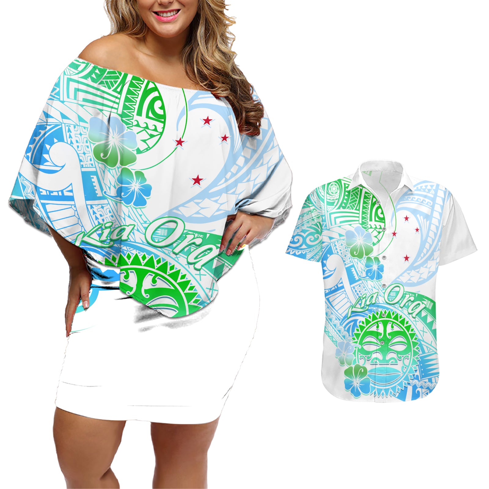 Kia Ora Maori New Zealand Pastel Couples Matching Off Shoulder Short Dress and Hawaiian Shirt Sun Ta Moko Aqua Green Version LT01 Aqua - Polynesian Pride