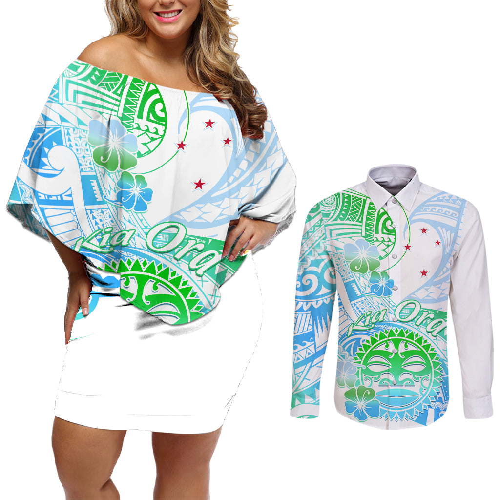 Kia Ora Maori New Zealand Pastel Couples Matching Off Shoulder Short Dress and Long Sleeve Button Shirt Sun Ta Moko Aqua Green Version LT01 Aqua - Polynesian Pride