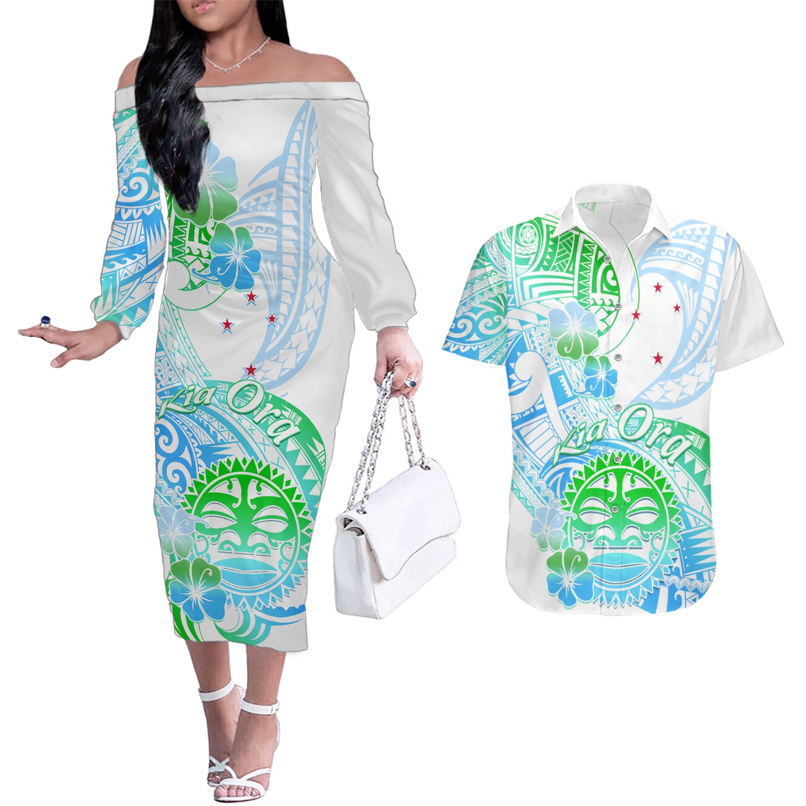 Kia Ora Maori New Zealand Pastel Couples Matching Off The Shoulder Long Sleeve Dress and Hawaiian Shirt Sun Ta Moko Aqua Green Version LT01 Aqua - Polynesian Pride