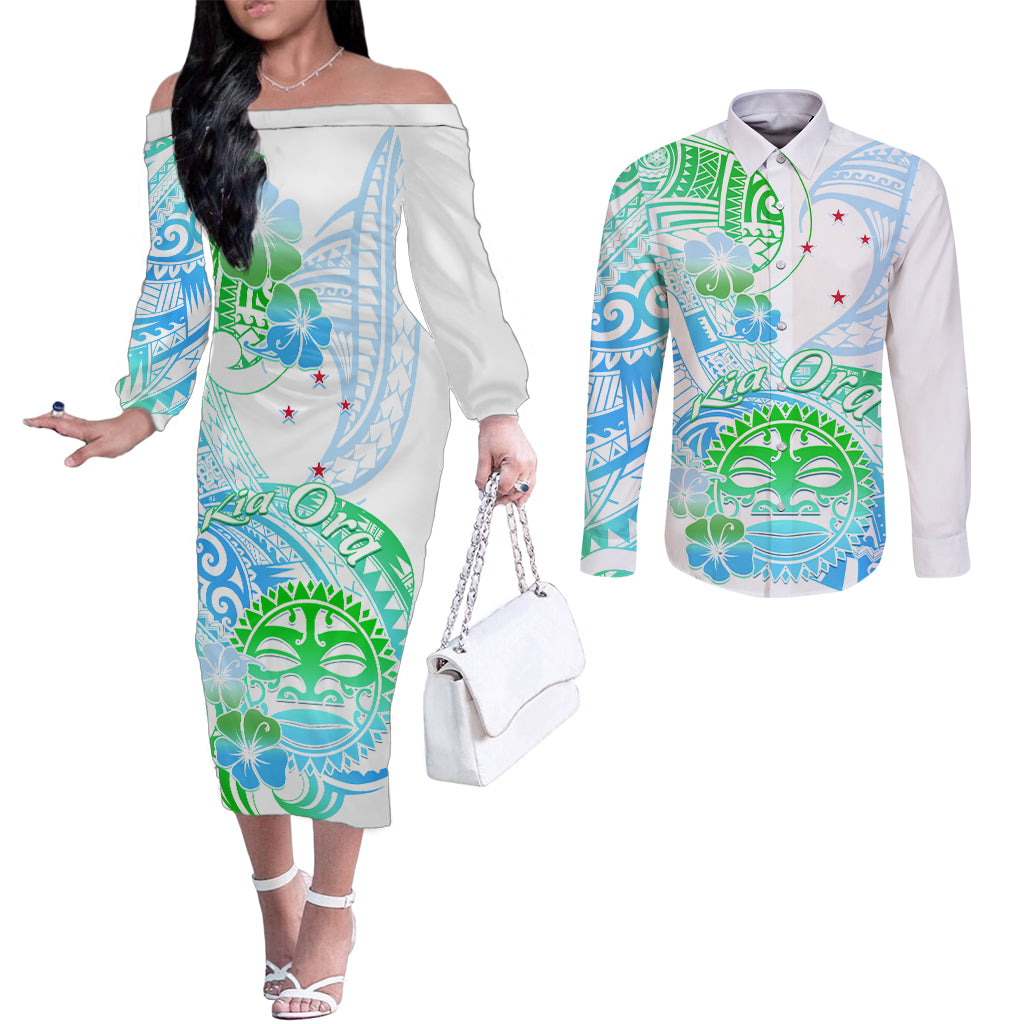 Kia Ora Maori New Zealand Pastel Couples Matching Off The Shoulder Long Sleeve Dress and Long Sleeve Button Shirt Sun Ta Moko Aqua Green Version LT01 Aqua - Polynesian Pride