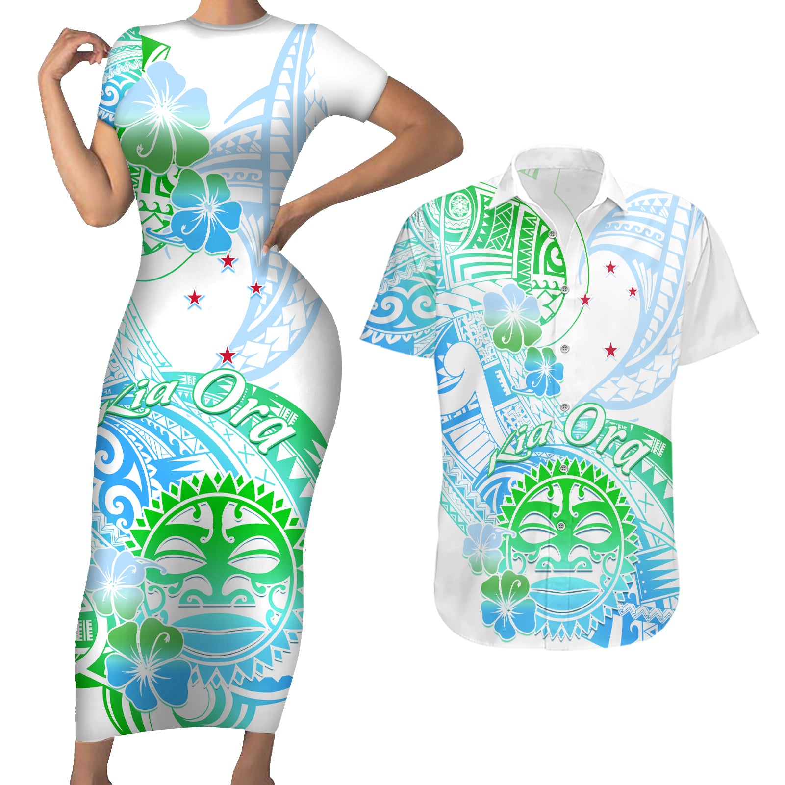 Kia Ora Maori New Zealand Pastel Couples Matching Short Sleeve Bodycon Dress and Hawaiian Shirt Sun Ta Moko Aqua Green Version LT01 Aqua - Polynesian Pride