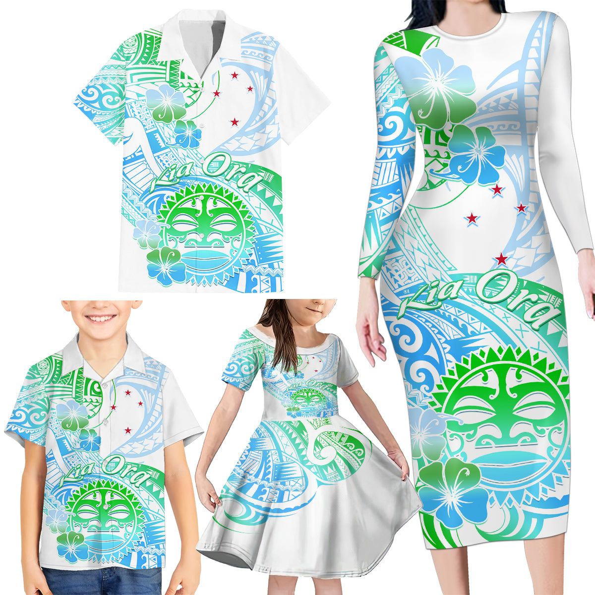 Kia Ora Maori New Zealand Pastel Family Matching Long Sleeve Bodycon Dress and Hawaiian Shirt Sun Ta Moko Aqua Green Version LT01 - Polynesian Pride