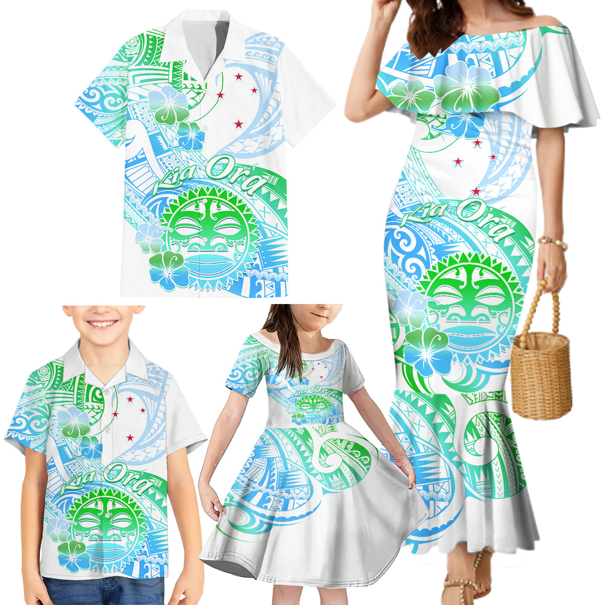 Kia Ora Maori New Zealand Pastel Family Matching Mermaid Dress and Hawaiian Shirt Sun Ta Moko Aqua Green Version LT01 - Polynesian Pride