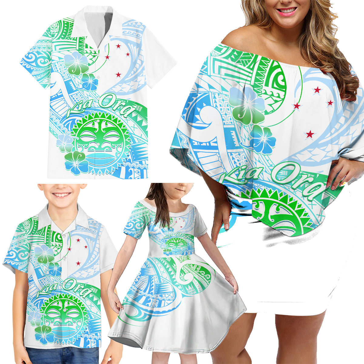 Kia Ora Maori New Zealand Pastel Family Matching Off Shoulder Short Dress and Hawaiian Shirt Sun Ta Moko Aqua Green Version LT01 - Polynesian Pride