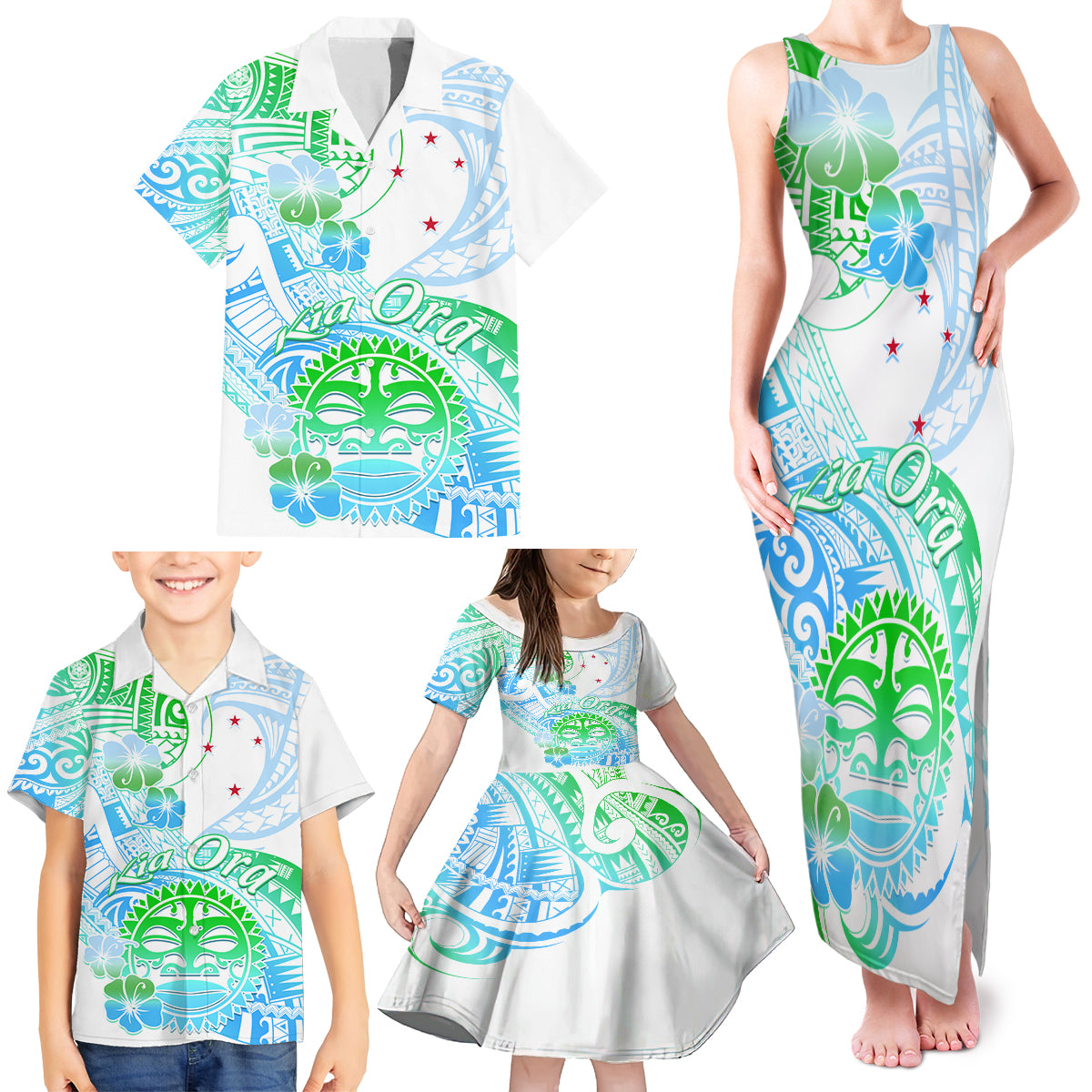 Kia Ora Maori New Zealand Pastel Family Matching Tank Maxi Dress and Hawaiian Shirt Sun Ta Moko Aqua Green Version LT01 - Polynesian Pride