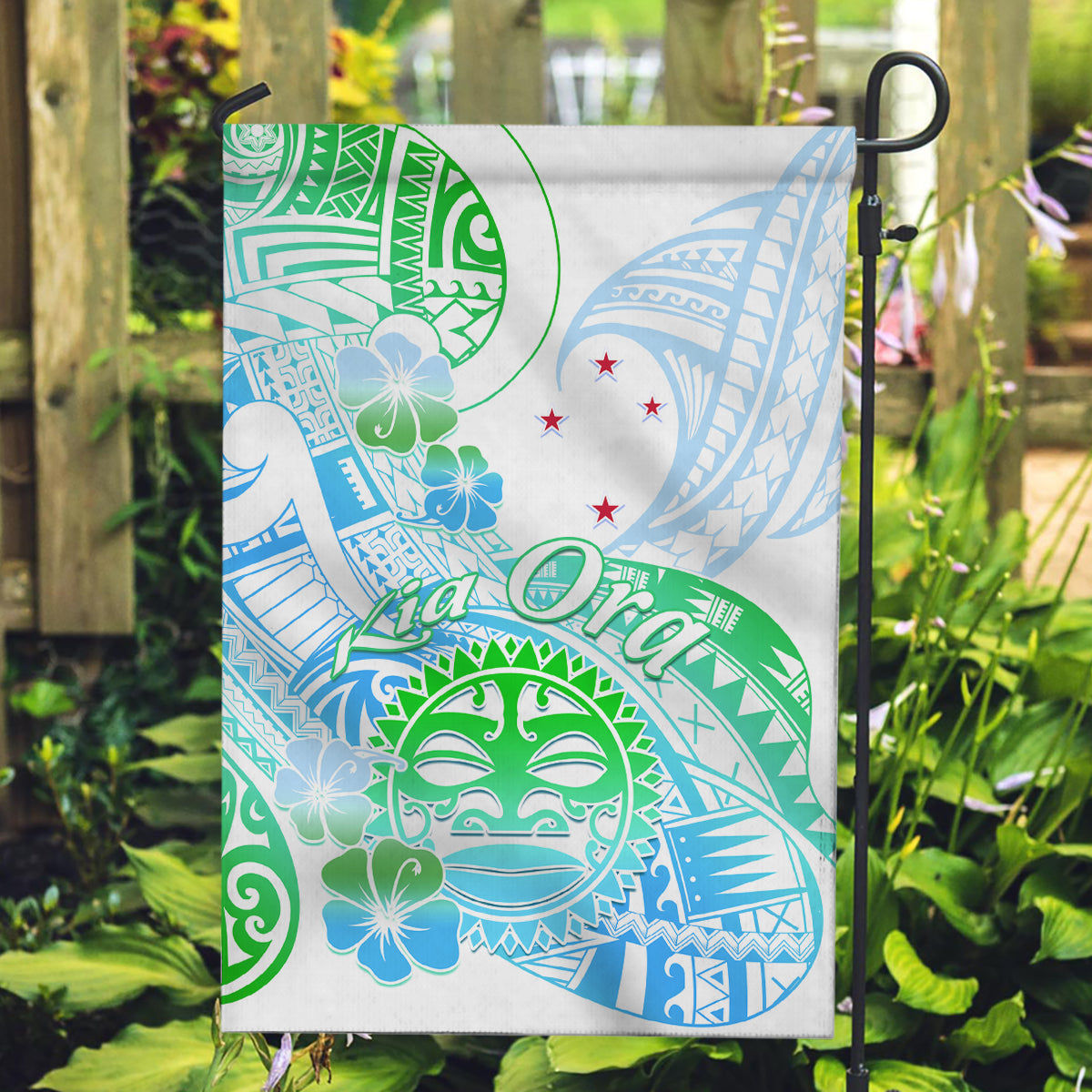 Kia Ora Maori New Zealand Pastel Garden Flag Sun Ta Moko Aqua Green Version LT01 Garden Flag Aqua - Polynesian Pride