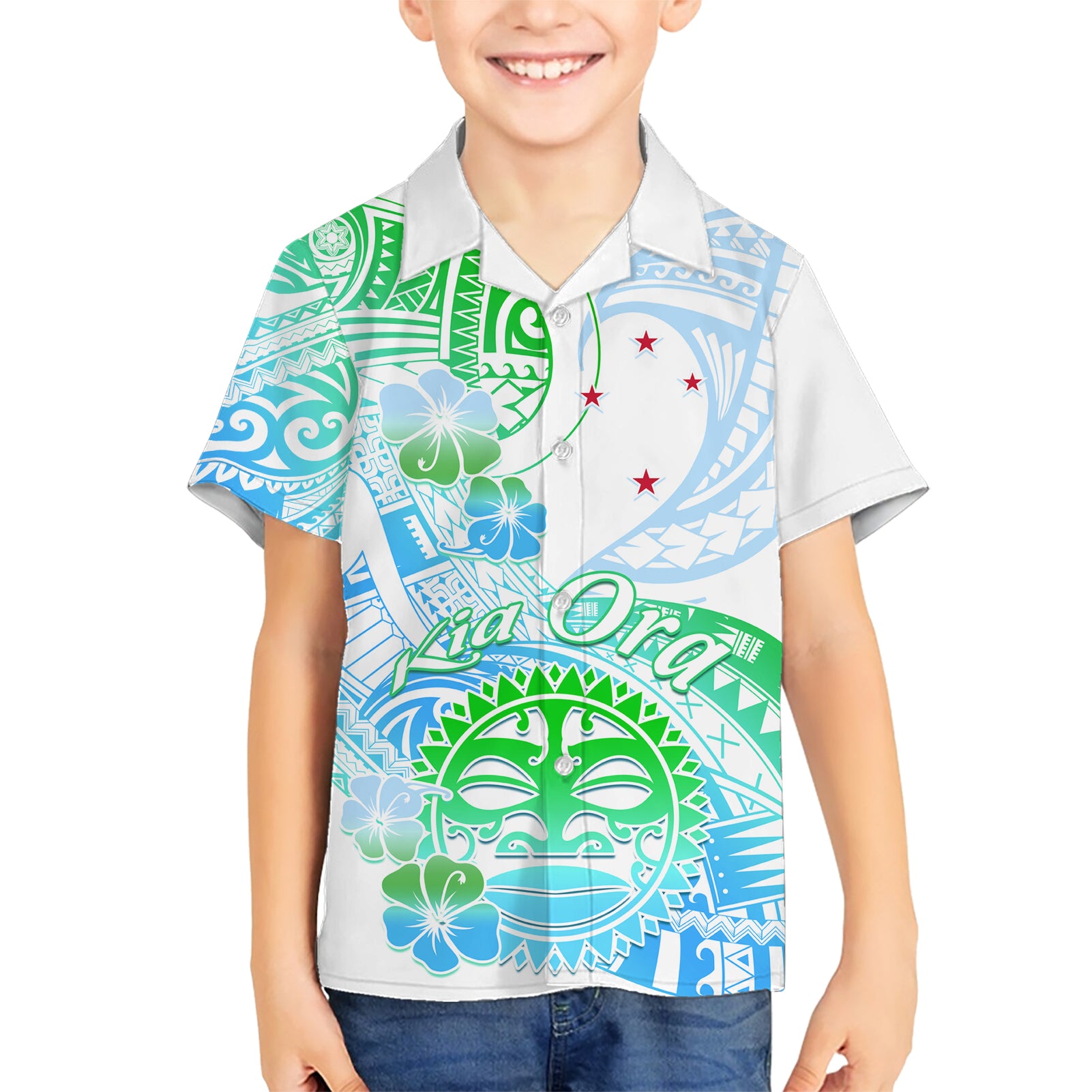 Kia Ora Maori New Zealand Pastel Kid Hawaiian Shirt Sun Ta Moko Aqua Green Version LT01 Kid Aqua - Polynesian Pride