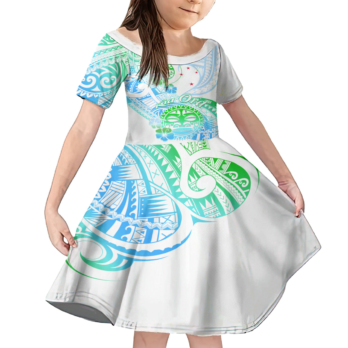 Kia Ora Maori New Zealand Pastel Kid Short Sleeve Dress Sun Ta Moko Aqua Green Version LT01 KID Aqua - Polynesian Pride