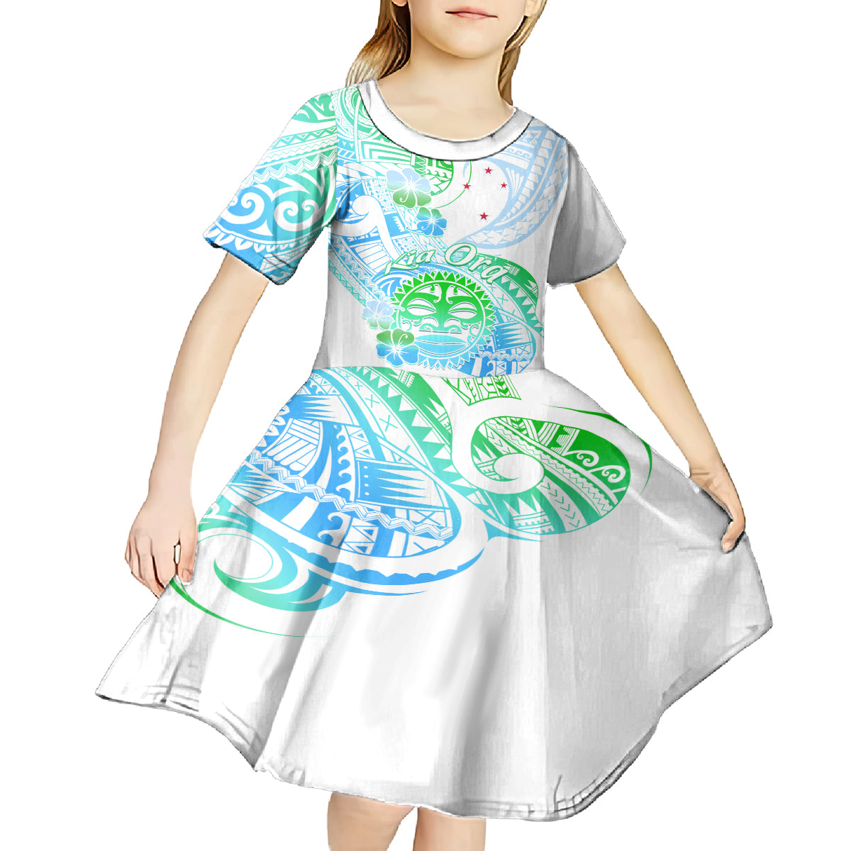 Kia Ora Maori New Zealand Pastel Kid Short Sleeve Dress Sun Ta Moko Aqua Green Version LT01 - Polynesian Pride