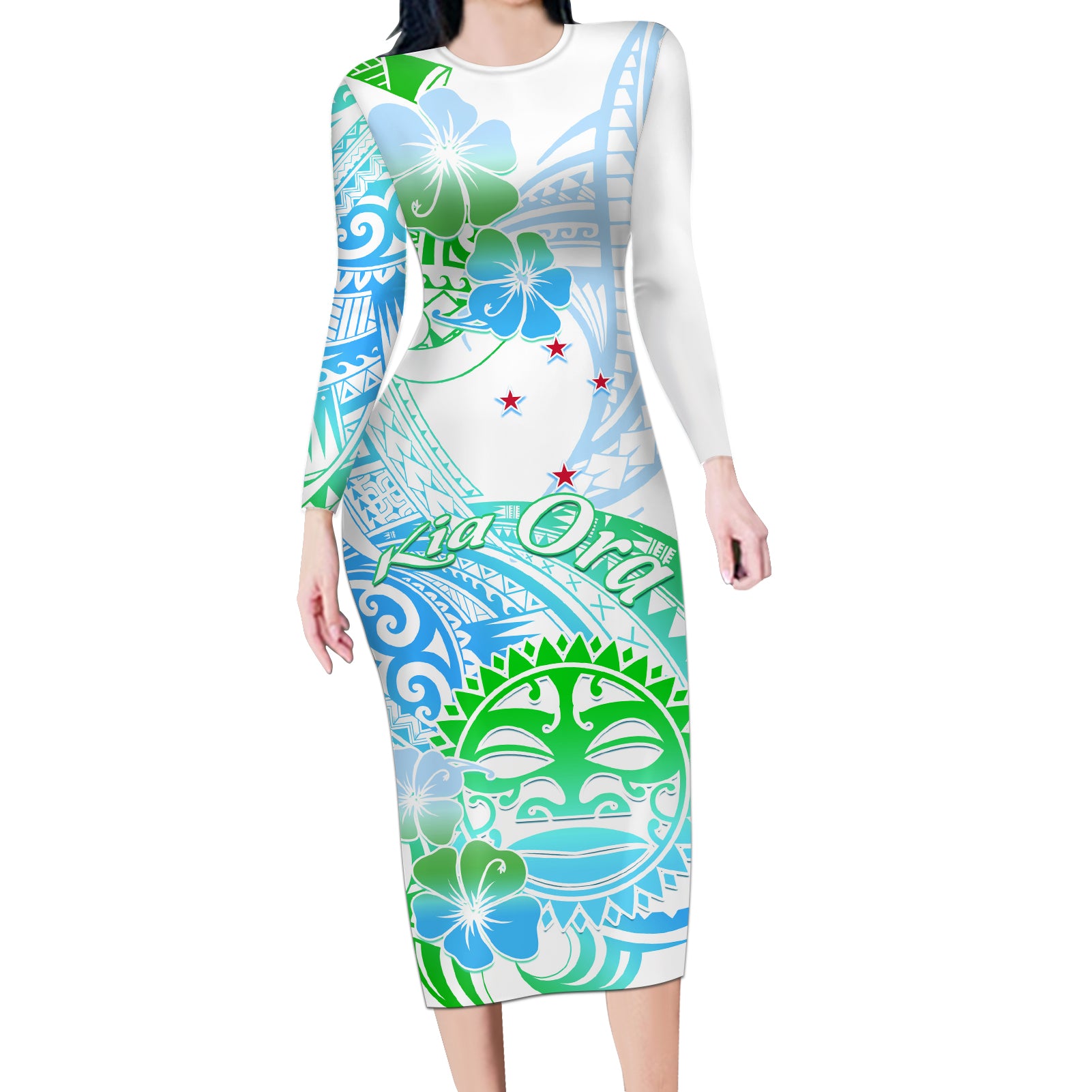 Kia Ora Maori New Zealand Pastel Long Sleeve Bodycon Dress Sun Ta Moko Aqua Green Version LT01 Long Dress Aqua - Polynesian Pride