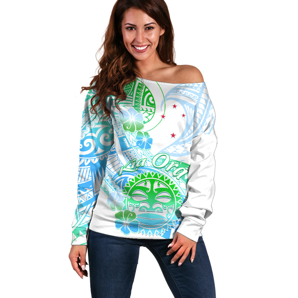 Kia Ora Maori New Zealand Pastel Off Shoulder Sweater Sun Ta Moko Aqua Green Version LT01 Women Aqua - Polynesian Pride