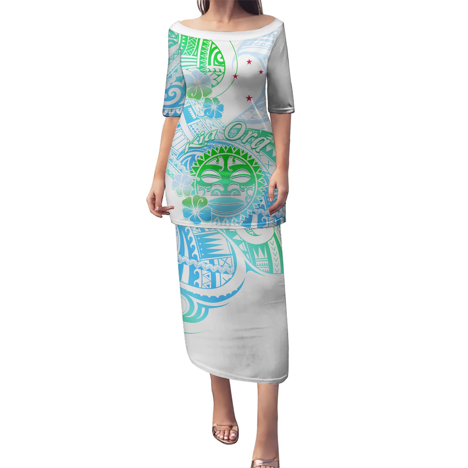 Kia Ora Maori New Zealand Pastel Puletasi Sun Ta Moko Aqua Green Version LT01 Long Dress Aqua - Polynesian Pride