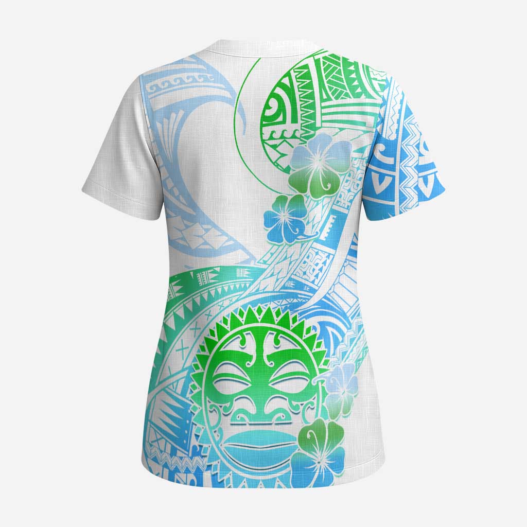 Kia Ora Maori New Zealand Pastel Scrub Top Sun Ta Moko Aqua Green Version - Polynesian Pride