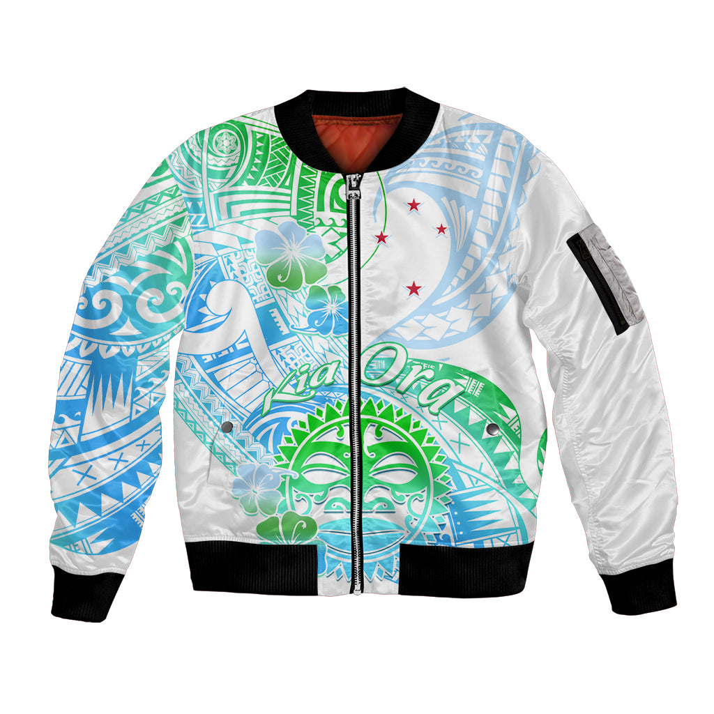 Kia Ora Maori New Zealand Pastel Sleeve Zip Bomber Jacket Sun Ta Moko Aqua Green Version LT01 Unisex Aqua - Polynesian Pride