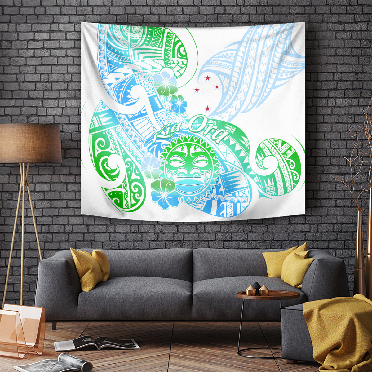 Kia Ora Maori New Zealand Pastel Tapestry Sun Ta Moko Aqua Green Version LT01 Aqua - Polynesian Pride