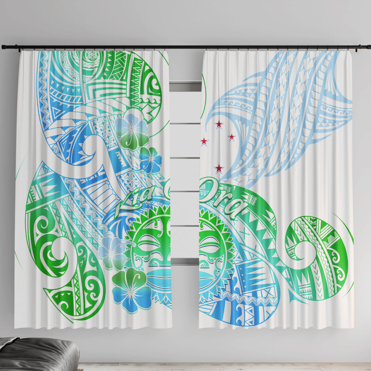 Kia Ora Maori New Zealand Pastel Window Curtain Sun Ta Moko Aqua Green Version LT01 With Hooks Aqua - Polynesian Pride