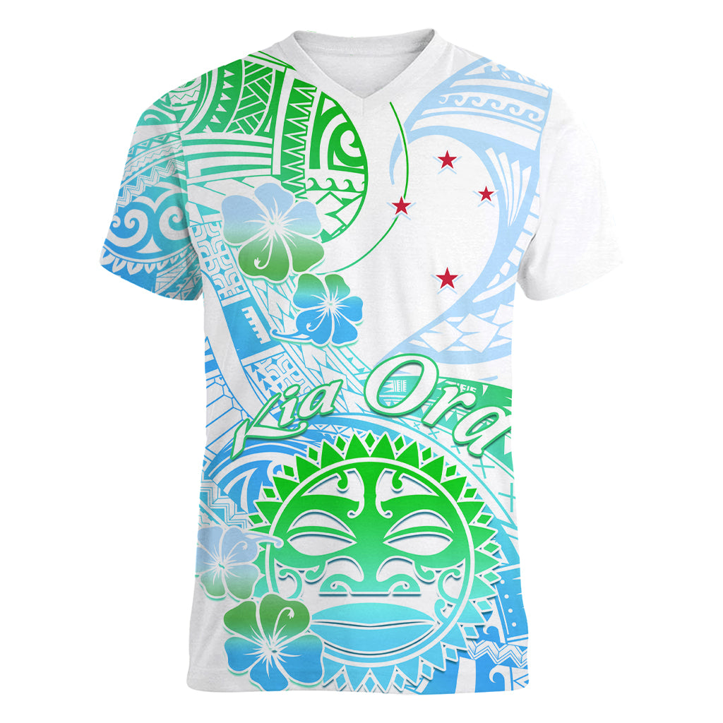 Kia Ora Maori New Zealand Pastel Women V Neck T Shirt Sun Ta Moko Aqua Green Version LT01 Female Aqua - Polynesian Pride