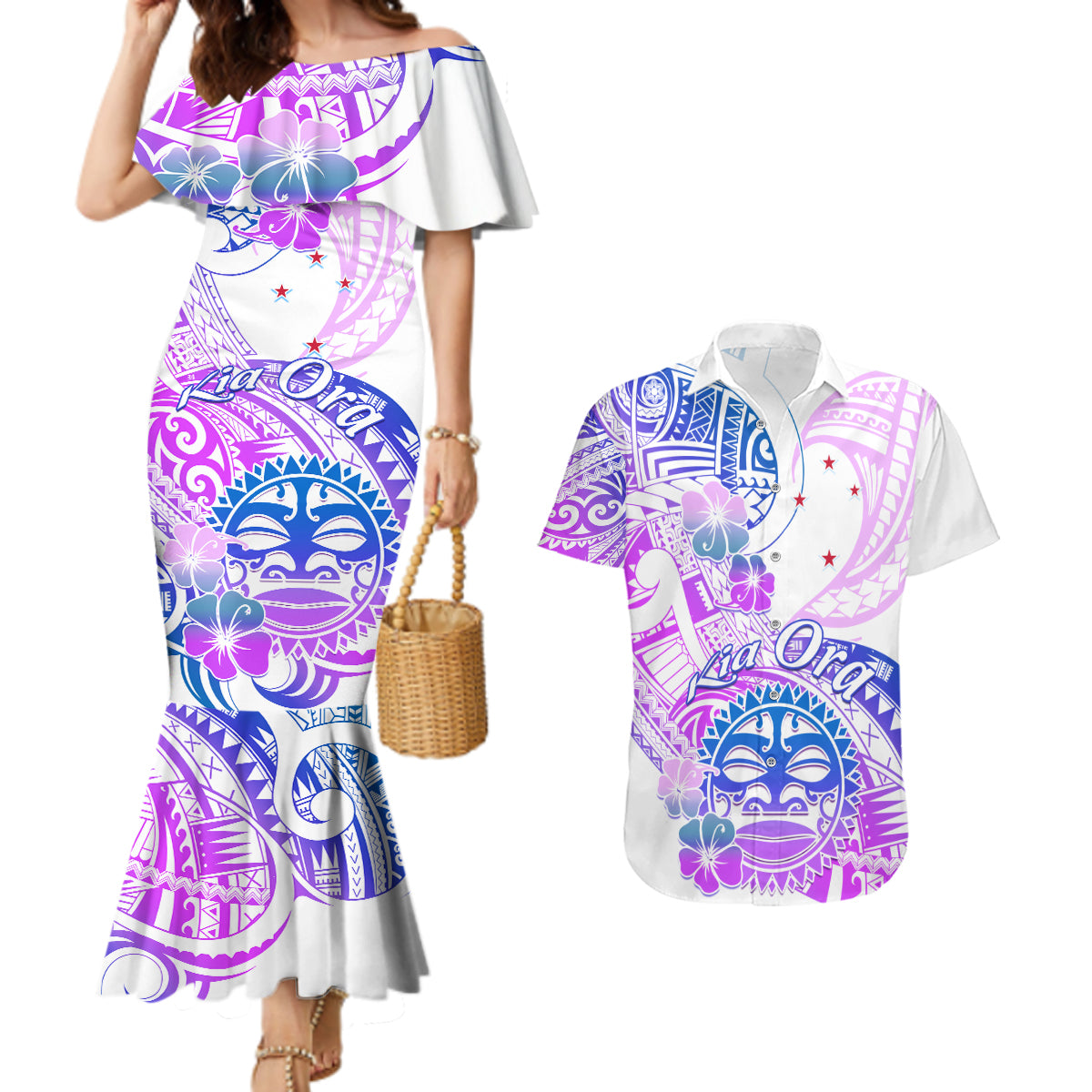 Kia Ora Maori New Zealand Pastel Couples Matching Mermaid Dress and Hawaiian Shirt Sun Ta Moko Lilac Version LT01 Purple - Polynesian Pride