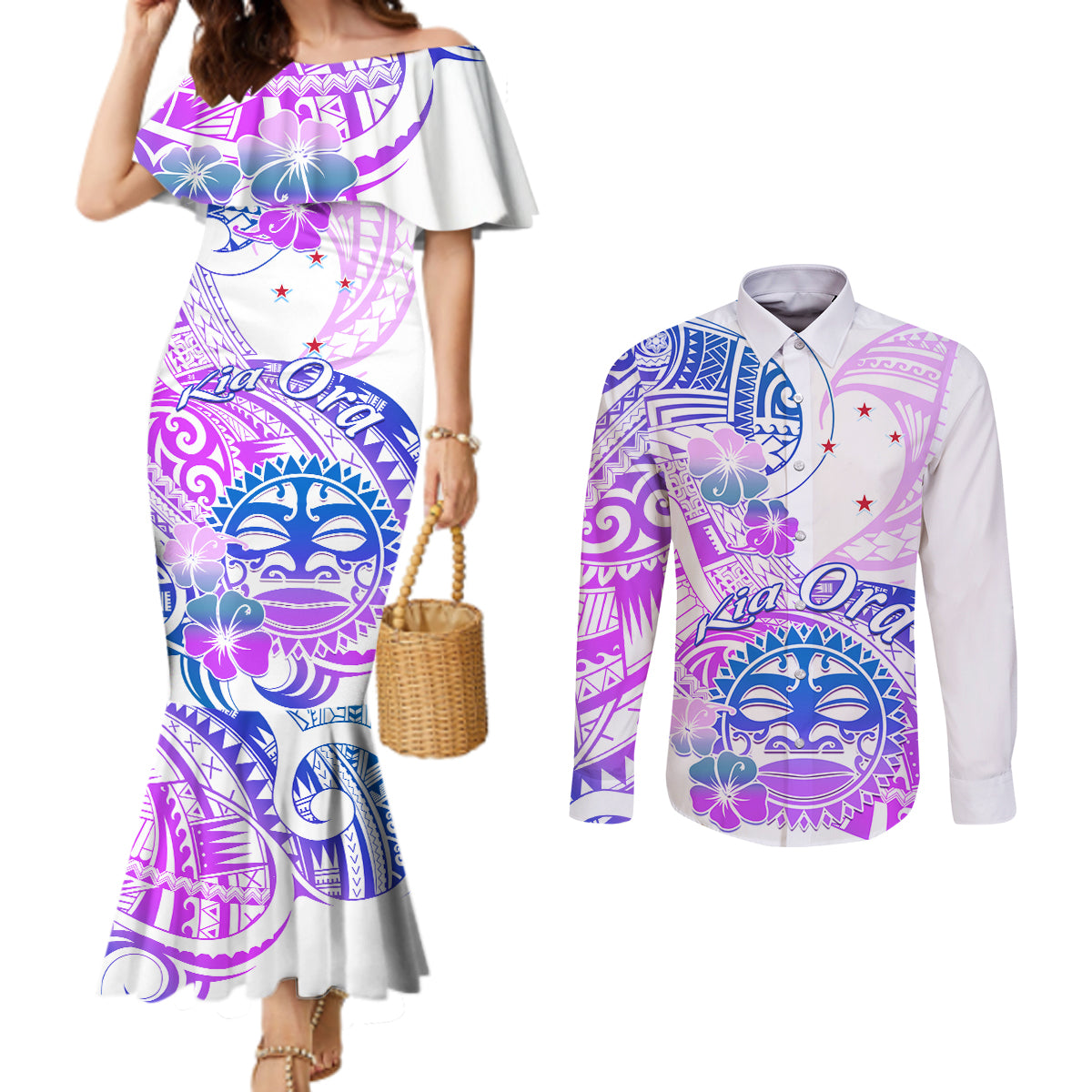 Kia Ora Maori New Zealand Pastel Couples Matching Mermaid Dress and Long Sleeve Button Shirt Sun Ta Moko Lilac Version LT01 Purple - Polynesian Pride