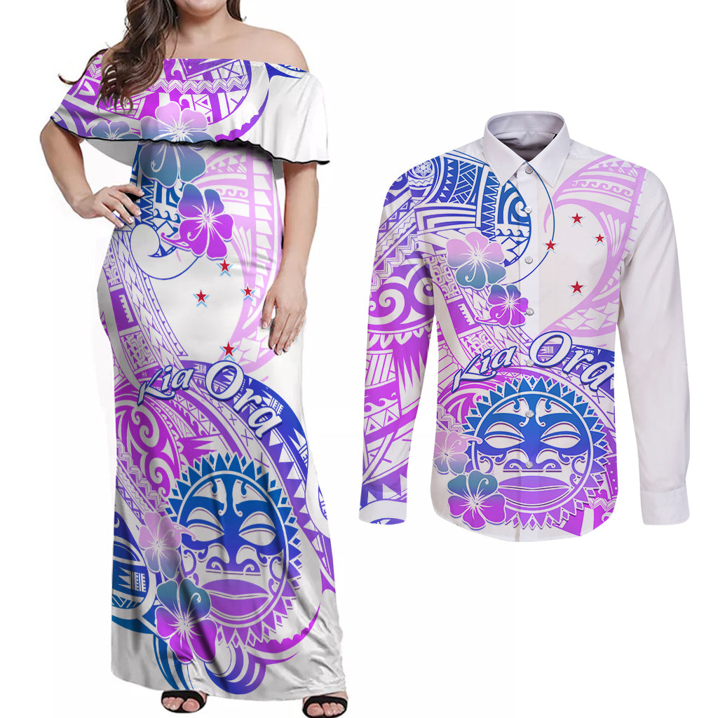 Kia Ora Maori New Zealand Pastel Couples Matching Off Shoulder Maxi Dress and Long Sleeve Button Shirt Sun Ta Moko Lilac Version LT01 Purple - Polynesian Pride