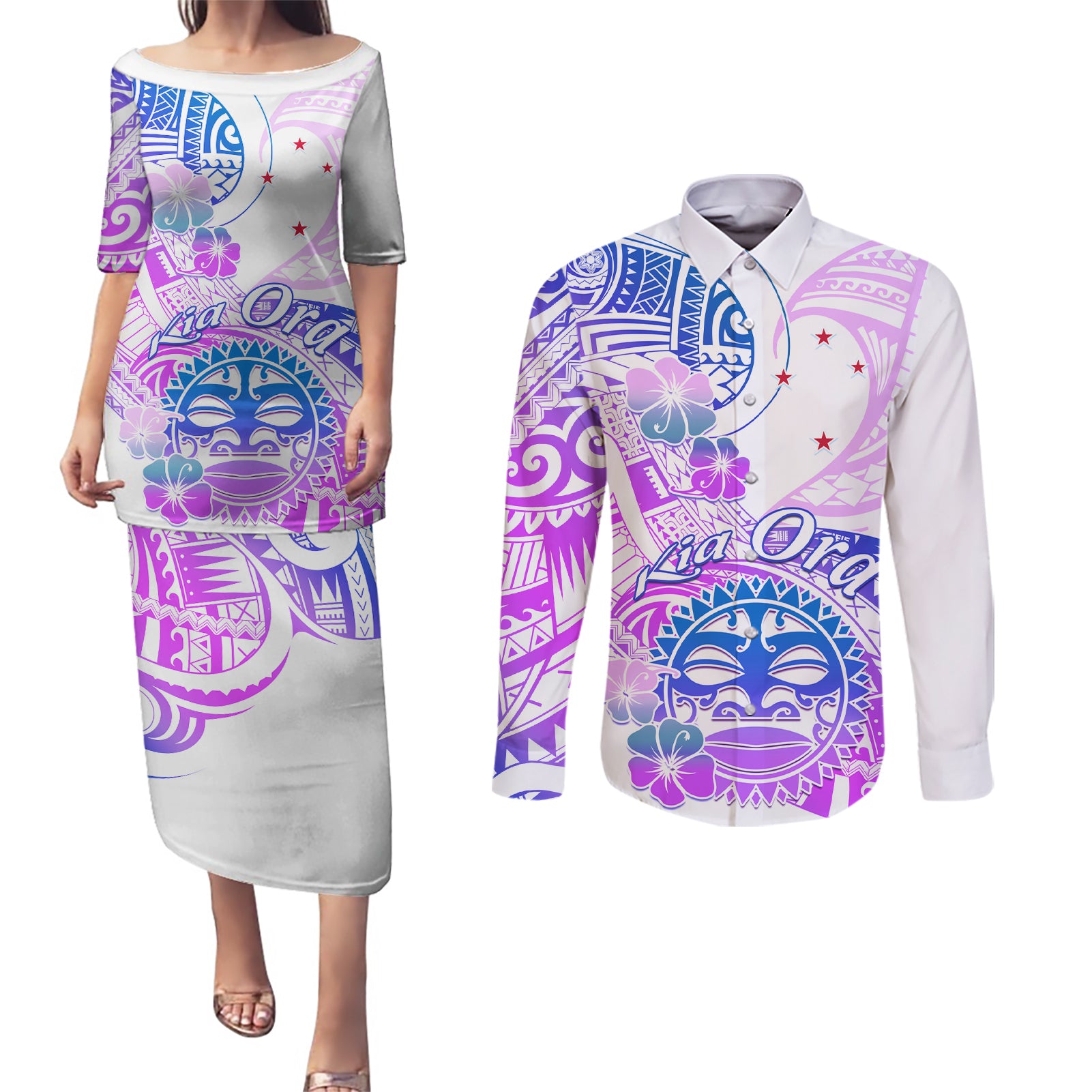 Kia Ora Maori New Zealand Pastel Couples Matching Puletasi Dress and Long Sleeve Button Shirt Sun Ta Moko Lilac Version LT01 Purple - Polynesian Pride