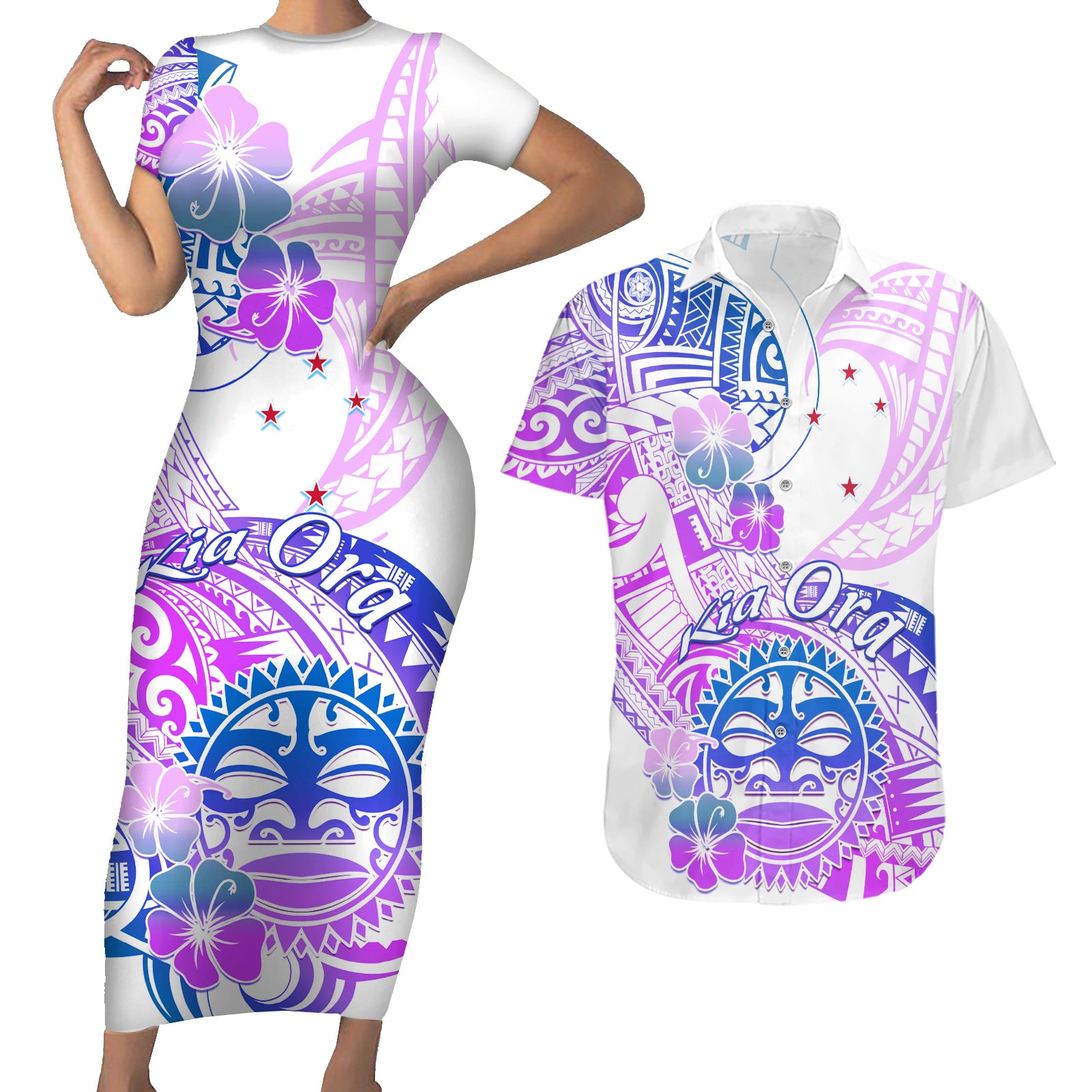 Kia Ora Maori New Zealand Pastel Couples Matching Short Sleeve Bodycon Dress and Hawaiian Shirt Sun Ta Moko Lilac Version LT01 Purple - Polynesian Pride