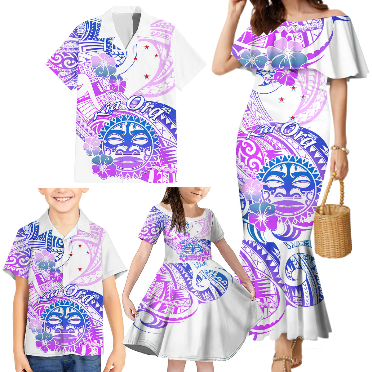 Kia Ora Maori New Zealand Pastel Family Matching Mermaid Dress and Hawaiian Shirt Sun Ta Moko Lilac Version LT01 - Polynesian Pride