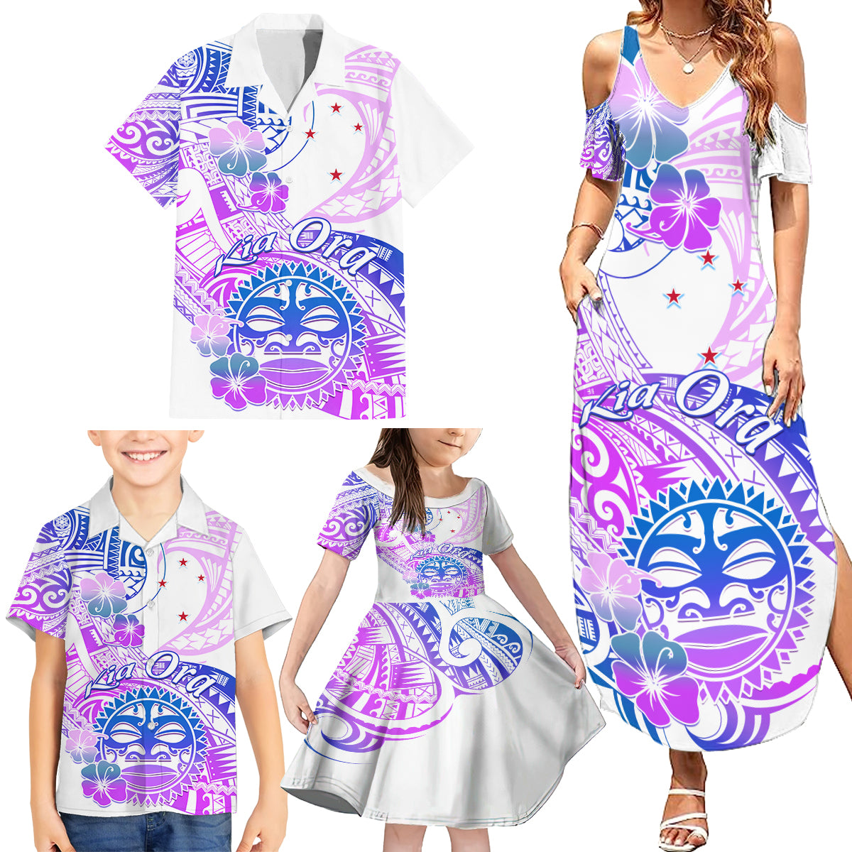 Kia Ora Maori New Zealand Pastel Family Matching Summer Maxi Dress and Hawaiian Shirt Sun Ta Moko Lilac Version LT01 - Polynesian Pride