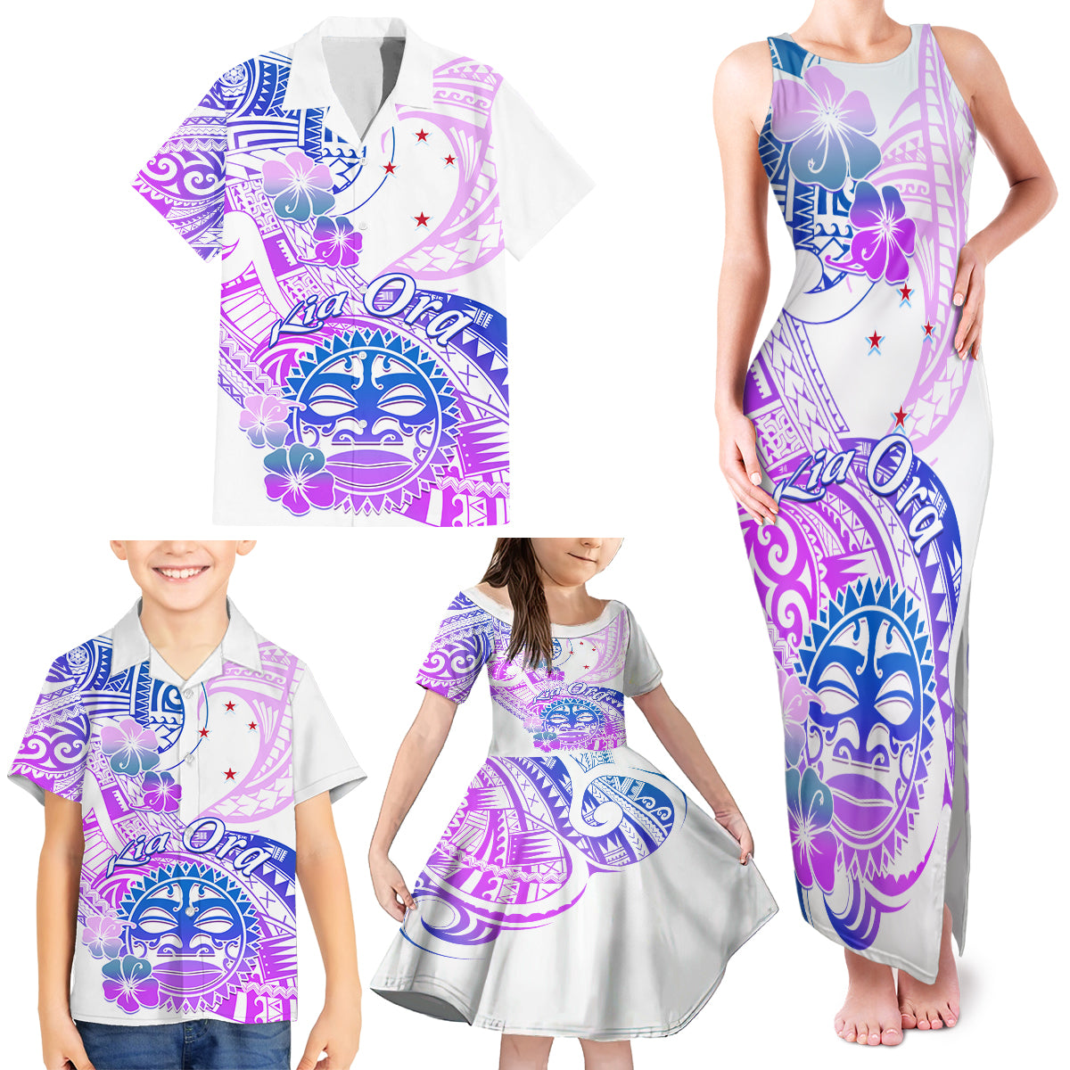 Kia Ora Maori New Zealand Pastel Family Matching Tank Maxi Dress and Hawaiian Shirt Sun Ta Moko Lilac Version LT01 - Polynesian Pride