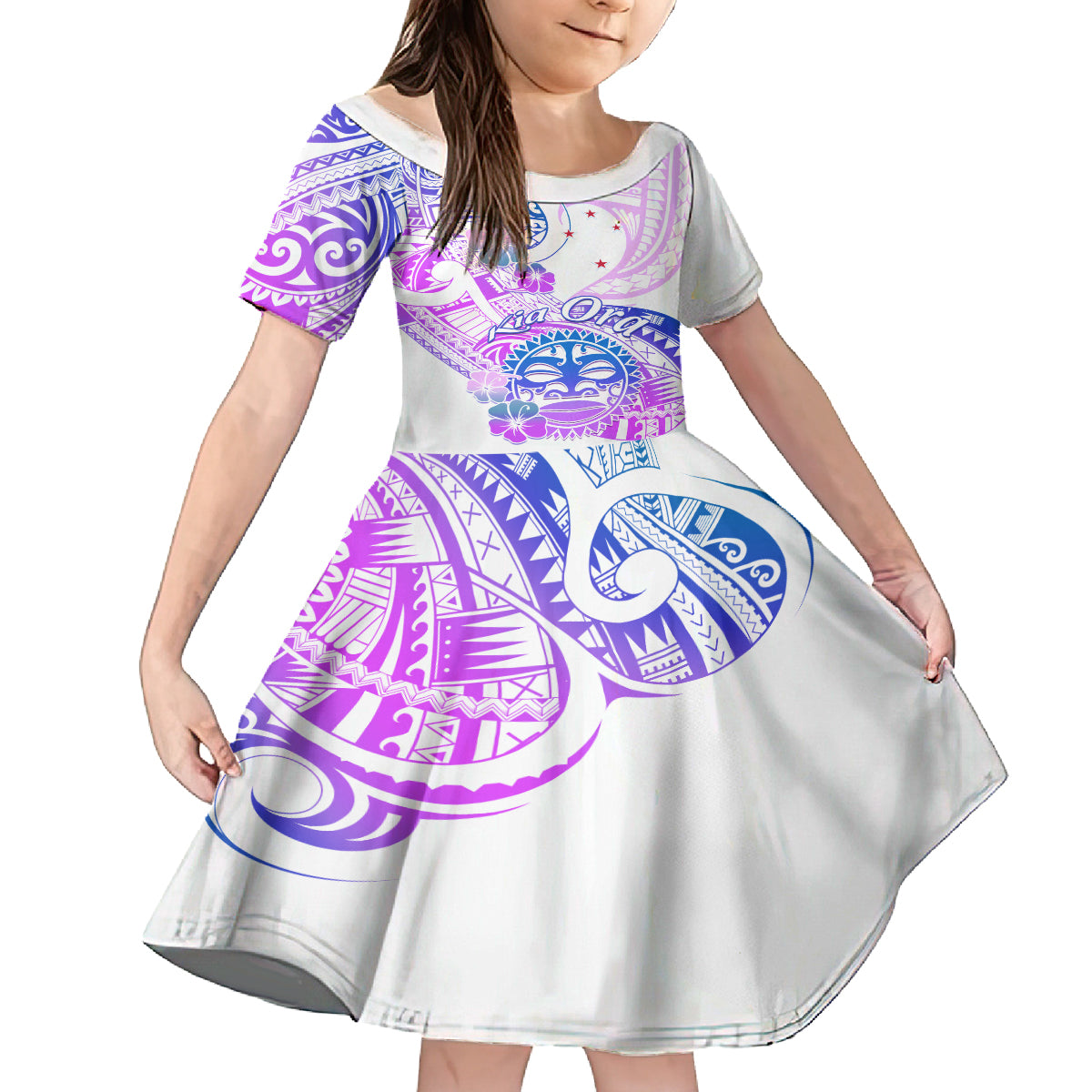 Kia Ora Maori New Zealand Pastel Kid Short Sleeve Dress Sun Ta Moko Lilac Version LT01 KID Purple - Polynesian Pride