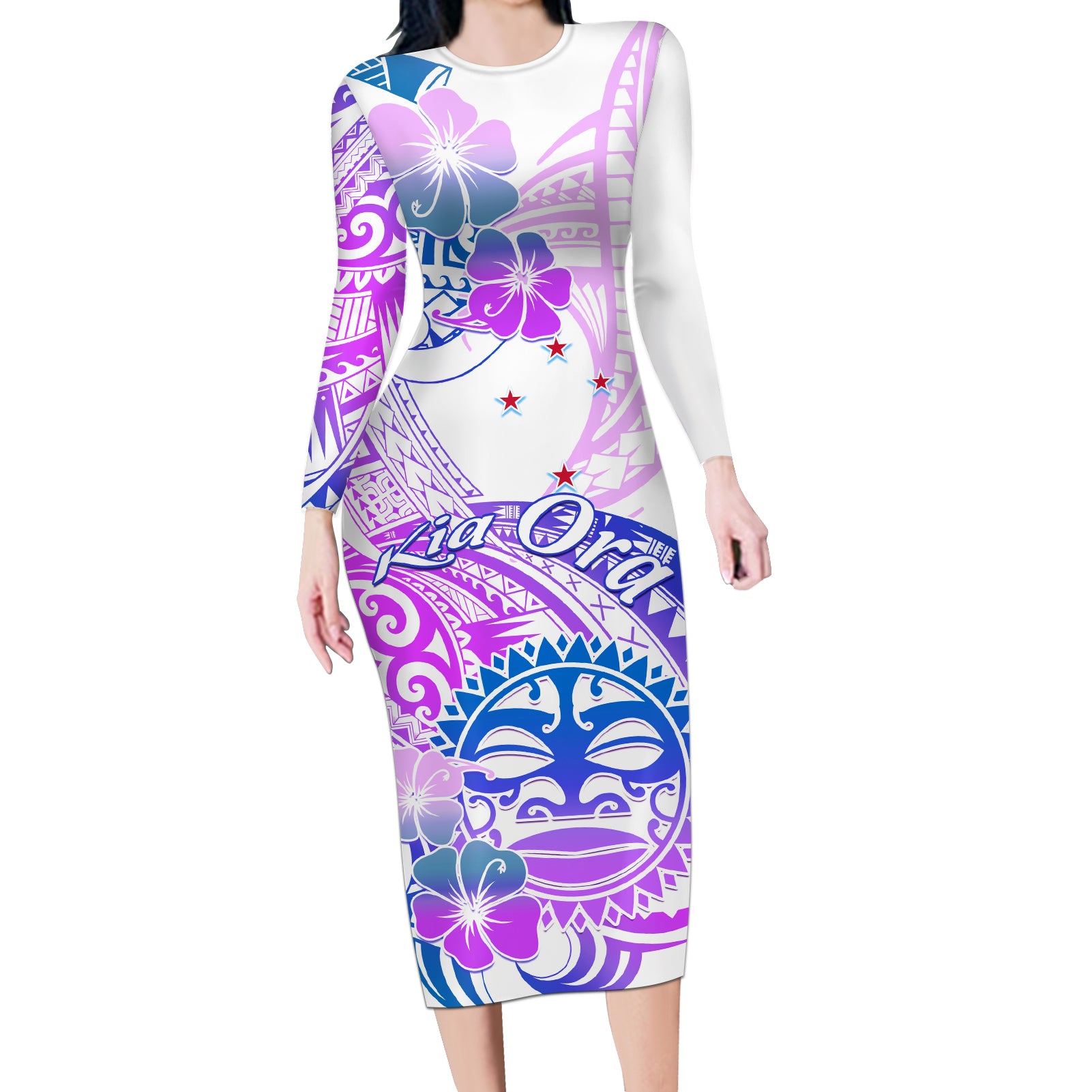 Kia Ora Maori New Zealand Pastel Long Sleeve Bodycon Dress Sun Ta Moko Lilac Version LT01 Long Dress Purple - Polynesian Pride